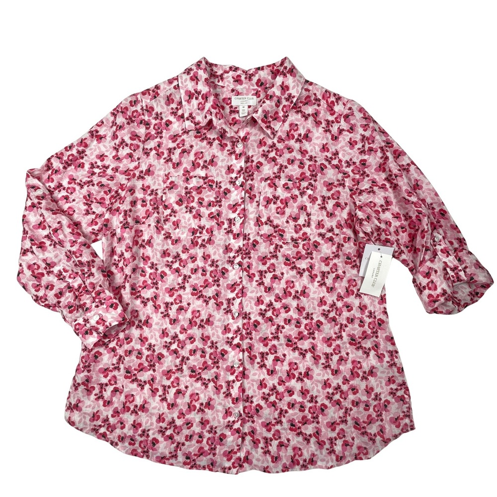 NWT Charter Club‎ 100% Linen Floral Roll-Tab Button Up Shirt Pink Plus Size 0X